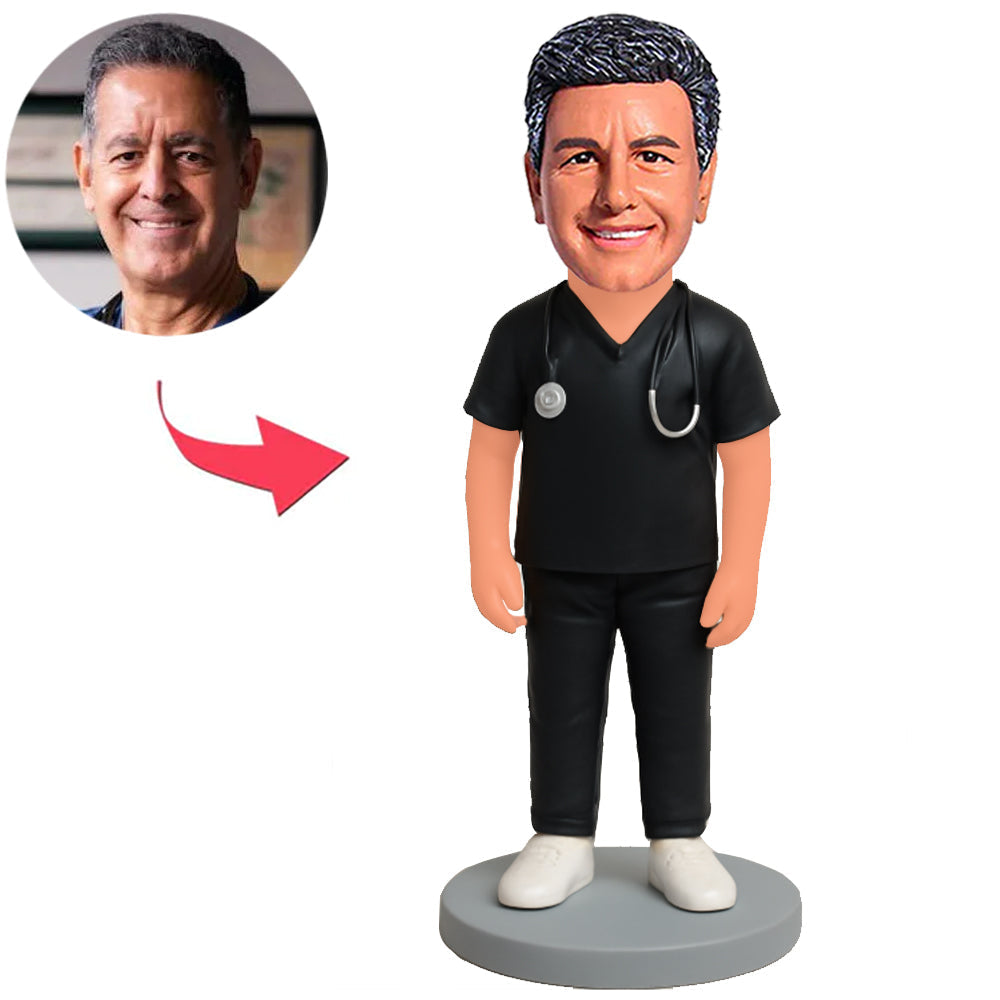 Doctor in Black Surgical Scrubs Custom Bobbleheads
