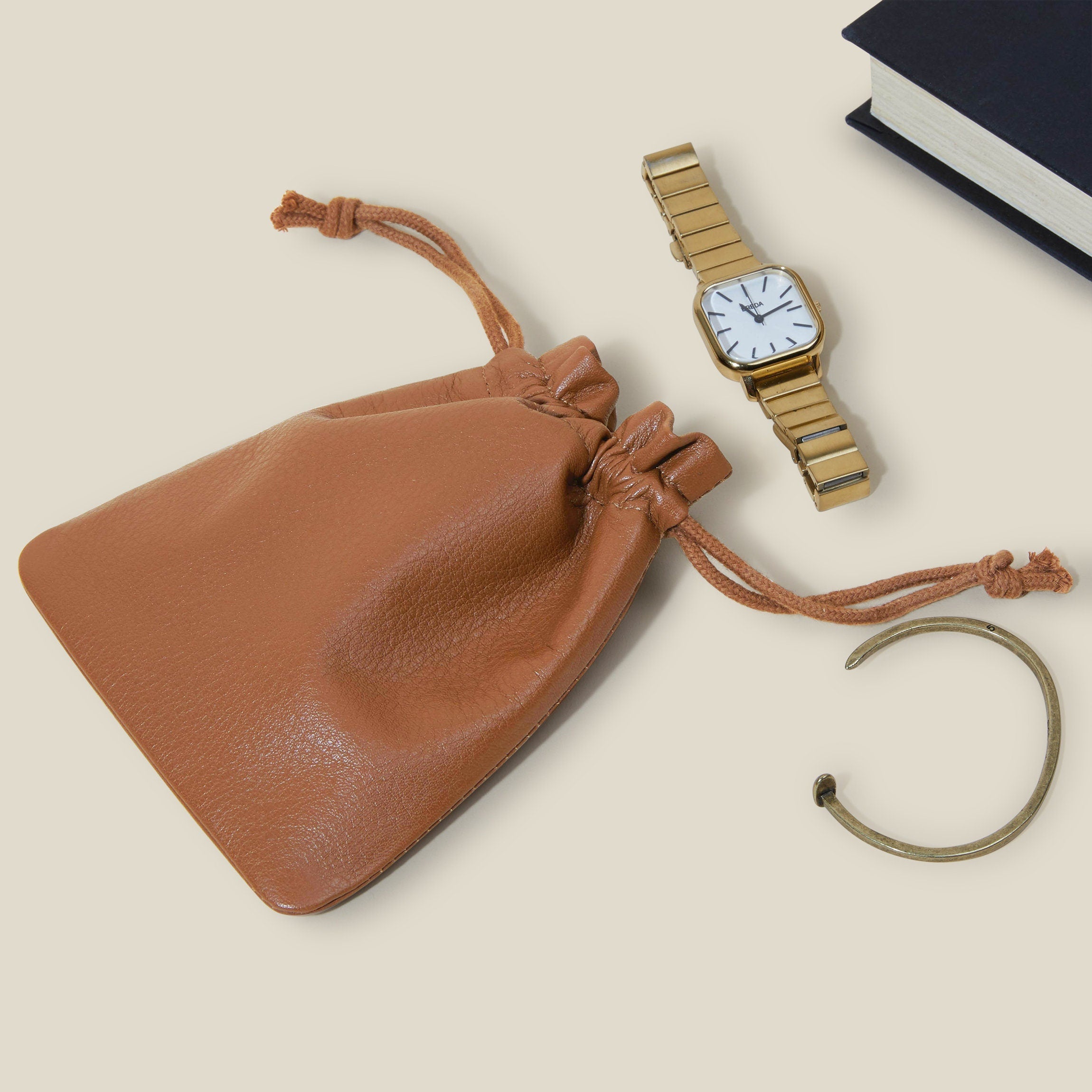 Flat Drawstring Pouch Cognac