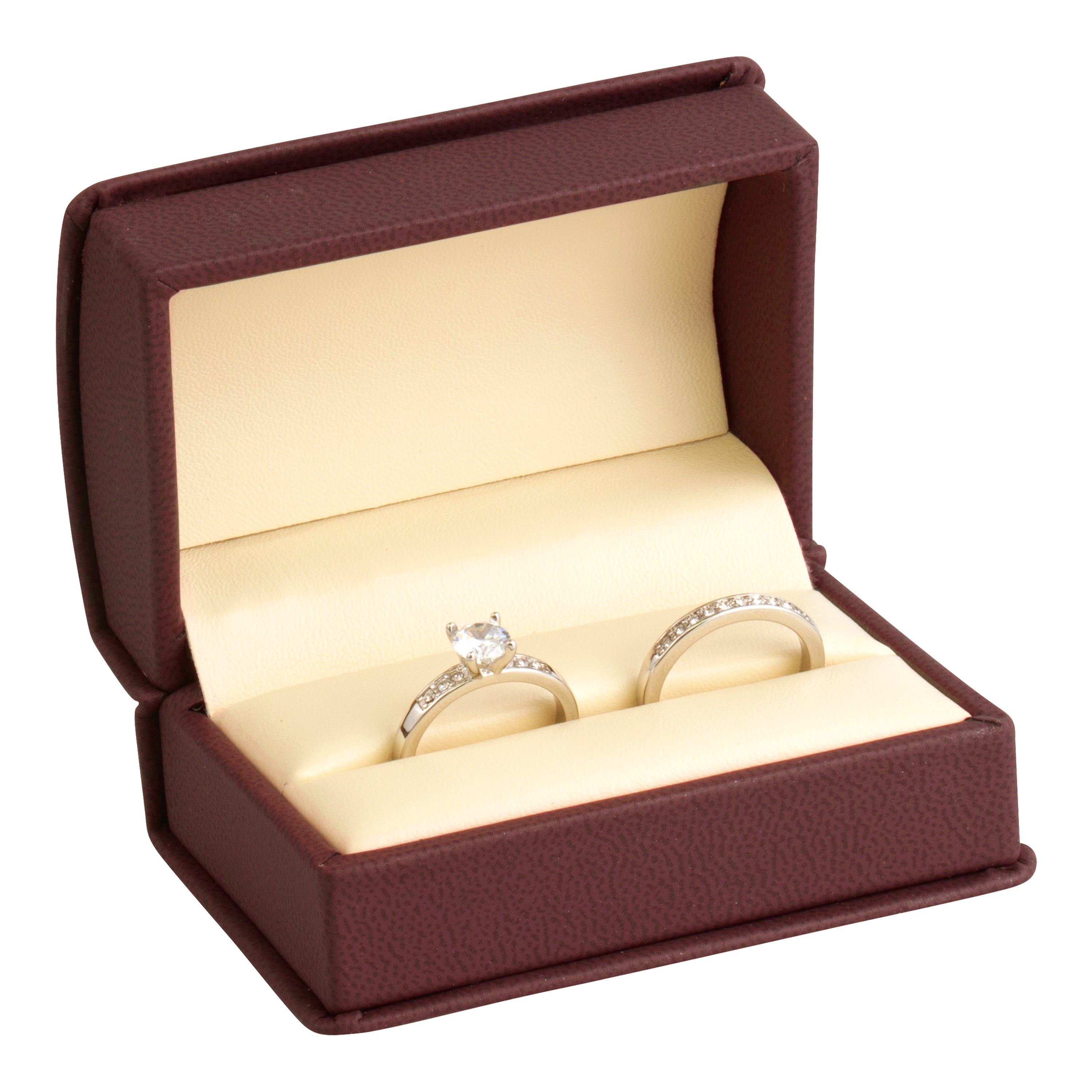 Leatherette Double Ring Box Leatherette Interior with Ribboned Packer